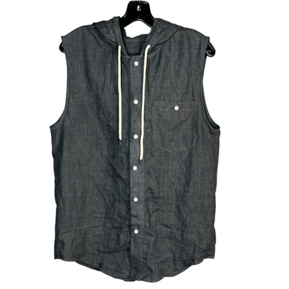 Zara Man Black Label‎ Shirt Mens Large L Linen Grey Sleeveless Hooded Modern